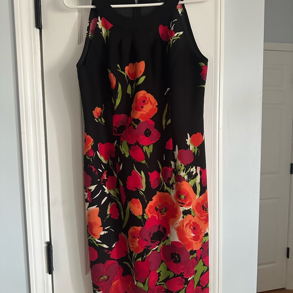 Jessica Howard Black Dress with Red and Orange Floral Design